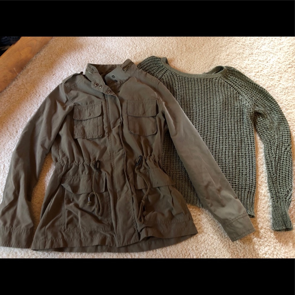 Army green sweater and jacket